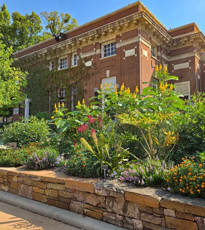 Brick building with ivy and a vibrant garden featuring yellow and orange flowers under a clear blue sky