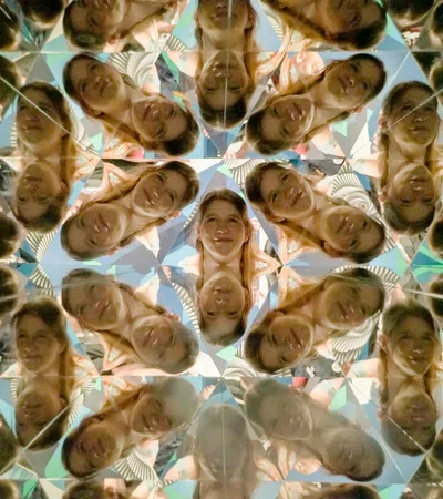Kaleidoscopic reflections of a smiling woman with brown hair create a complex, colorful pattern of repeating faces.