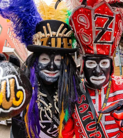 Two Mardi Gras Indians in vibrant, beaded costumes with feathered headdresses at a street parade.