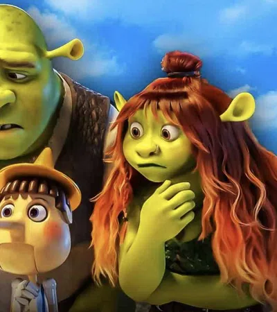 Shrek, Fiona, Donkey, and two other fairy tale characters looking surprised at Pinocchio with a long nose.