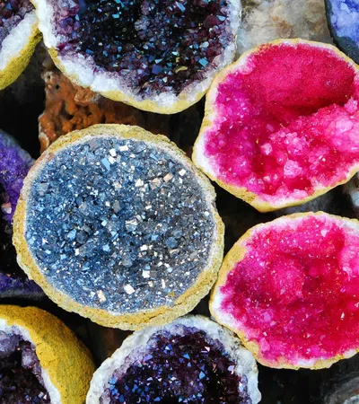 Close-up of colorful geode crystals in shades of purple, blue, pink, and black with rough outer shells.