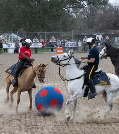 Mounted police officers on horseback play polo with a large blue and red ball on a dirt field with spectators.
