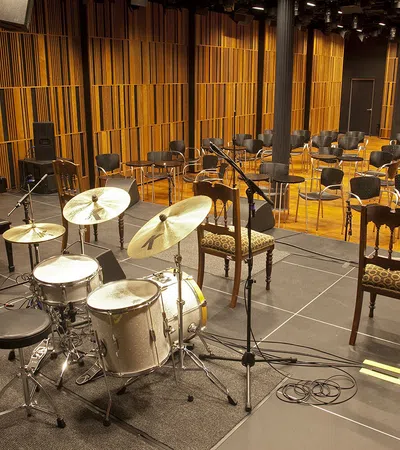a drum set in a room