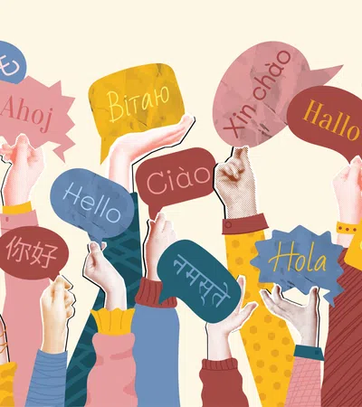 Diverse hands holding speech bubbles with greetings in various languages like Hello, Hola, Salut, and more.