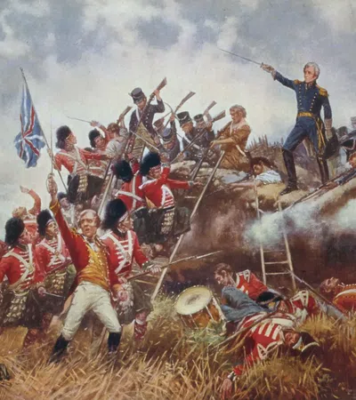 Battle scene with British and American soldiers fighting over a fort with flags and smoke during the War of 1812.