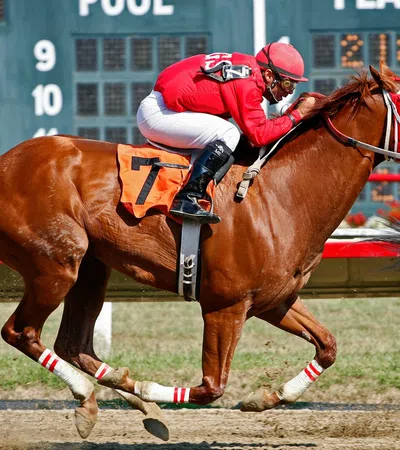 A jockey in red racing gear rides a chestnut horse at a horse racing track, showing speed and excitement.