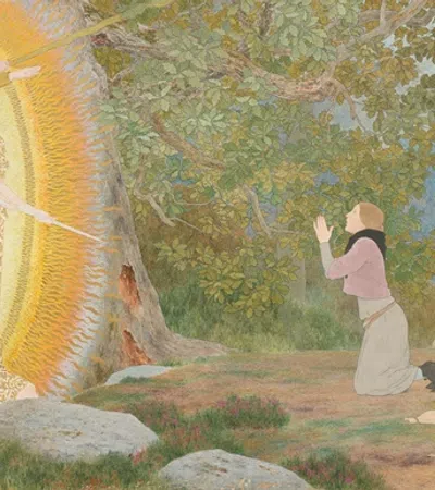 a person sitting on a rock in front of a tree with a large sculpture of a person in