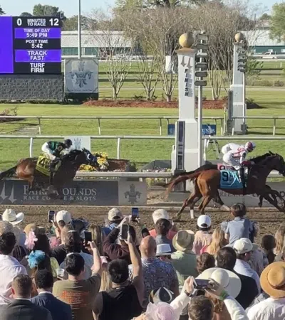 Two racehorses sprinting to the finish line as a large crowd watches and records with phones at a racetrack.