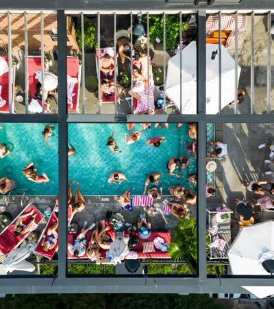 a group of people in a pool