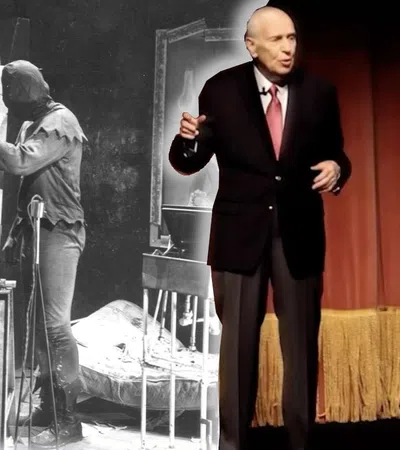 Split image of classic Frankenstein laboratory scene in black and white and man speaking on stage in front of red curtain.