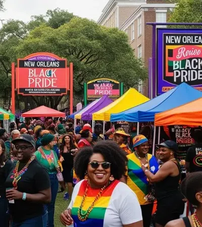 Crowd enjoying New Orleans Black Pride festival with colorful tents and vibrant signs in Armstrong Park