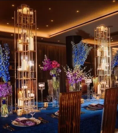 a dining room with a table set
