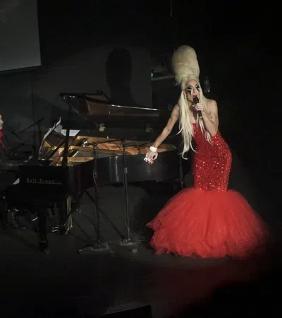 a person in a red dress singing on a stage