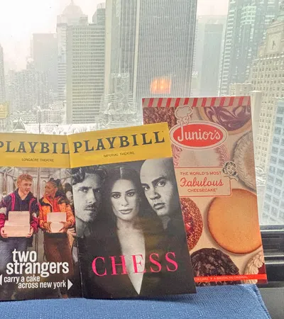 Three Playbill theatre programs and a Junior's cheesecake menu displayed on a windowsill with a snowy city skyline in the background.