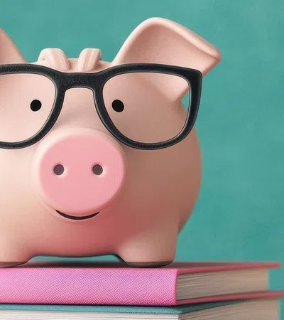 A cheerful piggy bank with glasses sits atop colorful books against a turquoise background.