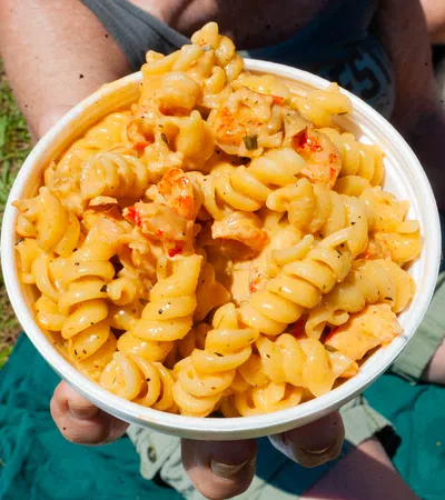 A close-up of a person holding a bowl of creamy spiral pasta with chicken and seasoning.