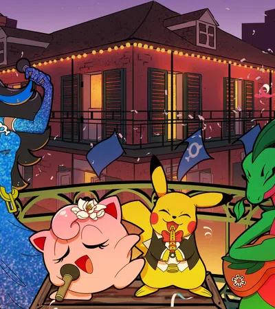 Pikachu, Jigglypuff, and other characters perform music on a balcony at night in a festive city setting.