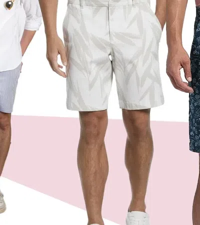 Four men modeling various styles of men's shorts including casual, patterned, and tailored designs.