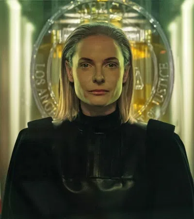 Serious woman in black attire standing between American and Californian flags with official seal in background