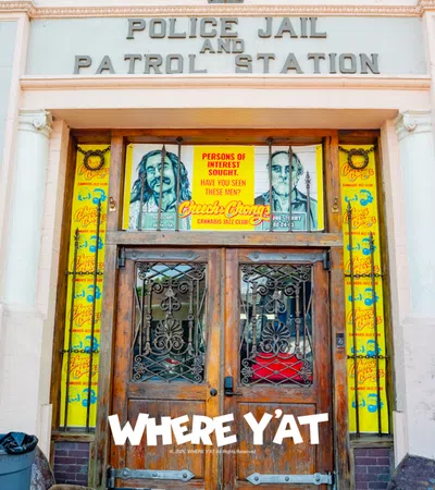 Entrance of police jail and patrol station with wooden doors and colorful posters of persons of interest.
