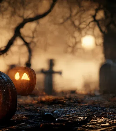 a group of lit up pumpkins