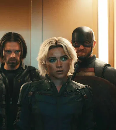 Five Marvel superheroes including Captain America and Black Widow in an intense elevator scene.