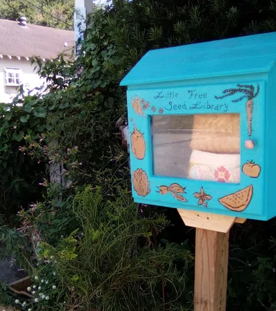 Blue Little Free Seed Library box on wooden post surrounded by green plants and residential background.