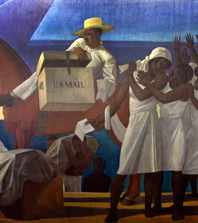 People in white dresses and a mail carrier on a horse delivering U.S. mail under an airplane at sunset.