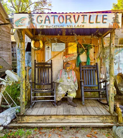 Rustic Gatorville porch with a scarecrow figure, rocking chairs, fishing gear, and vintage signs at Cajun Village.