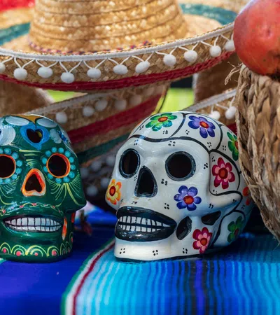 a basket with eggs and a basket with a face and a basket with fruit
