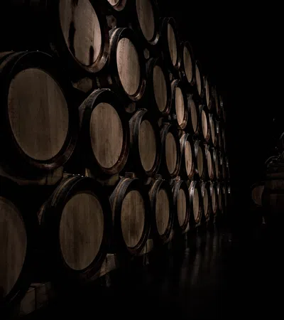 a group of wooden barrels