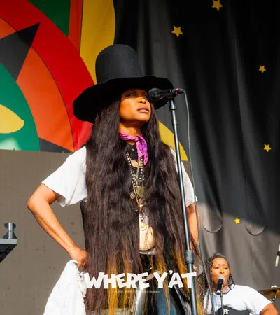 a person with long hair and a hat with a microphone on stage
