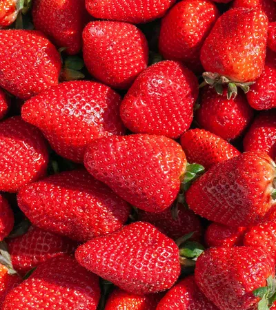 Close-up of fresh, ripe red strawberries with green leaves densely packed together.