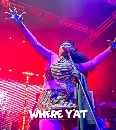 a person on stage with the arms raised