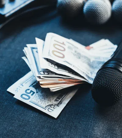 Microphones and audio cables placed next to a stack of US dollar bills on a dark surface
