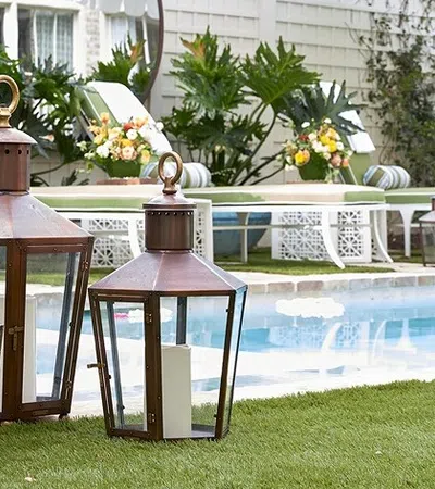 a pool with a table and chairs