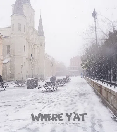 a snowy street with benches and buildings