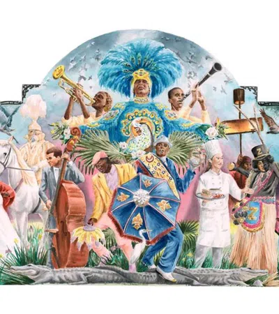 Colorful parade scene with musicians, dancers, a white horse, an alligator, and festive costumes under a bright sky.