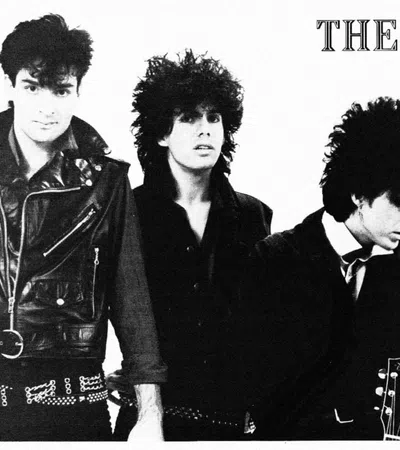 Black and white photo of four 1980s punk rock band members with distinctive hairstyles and leather jackets.