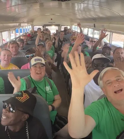 a group of people on a bus