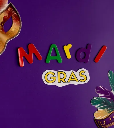 Colorful Mardi Gras letters with decorative feathered masks on a vibrant purple background.