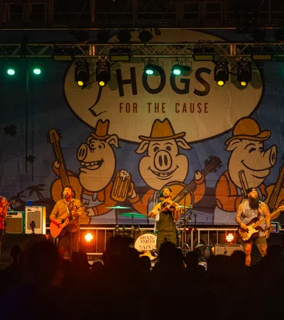 Band performing live on stage at night with Hogs for the Cause banner and cartoon pigs in background.
