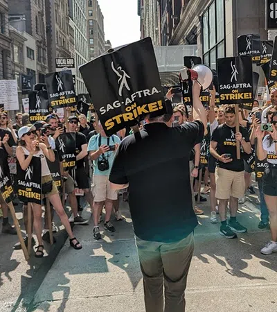 a group of people marching in the street