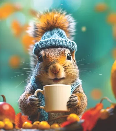 a hamster wearing a hat and holding a cup of coffee
