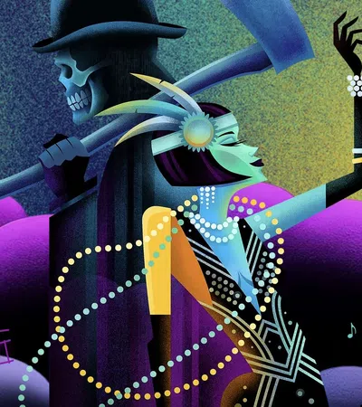 Stylized 1920s jazz scene with glamorous woman and skeleton man playing saxophone amid glowing street lamps and purple clouds.