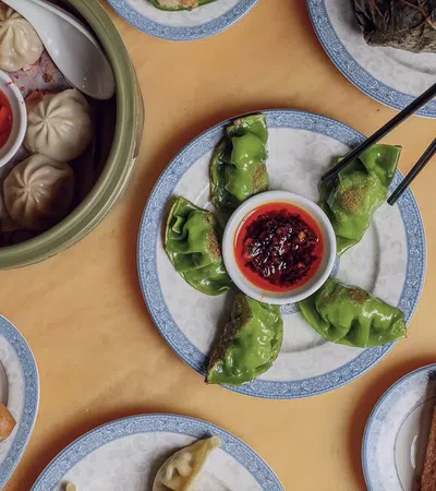 Overhead view of dumplings, spring rolls, and dipping sauces arranged on plates for an Asian meal
