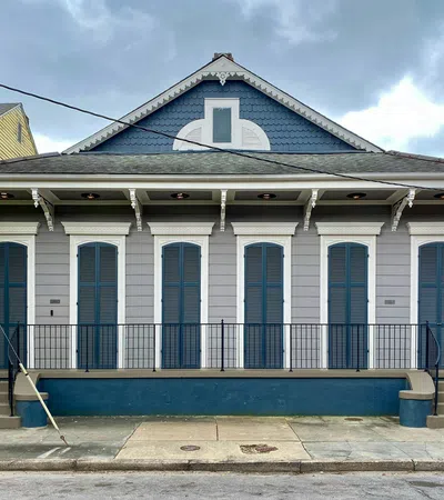 a building with blue doors