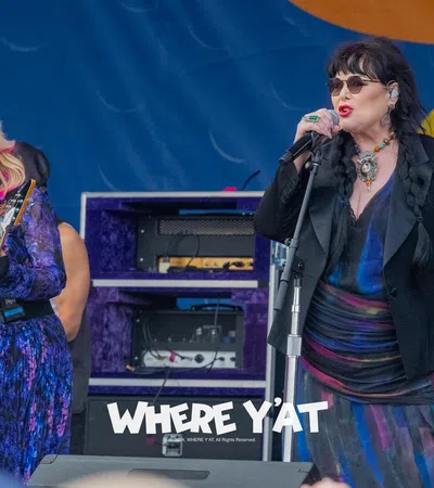 Ann Wilson et al. singing into microphones on a stage