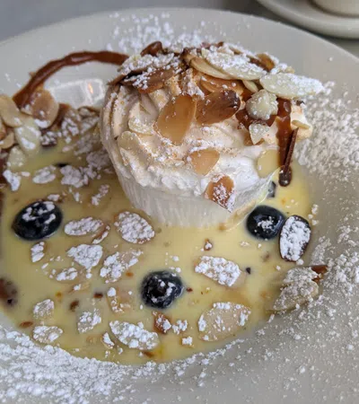 Dessert plate with cream topped with almond slices, blueberries, powdered sugar, and custard sauce drizzle.