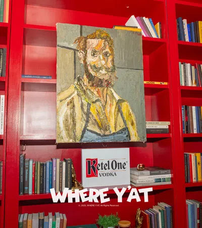 a book shelf with a statue